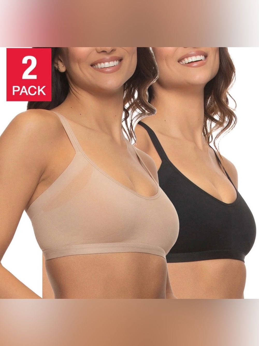 Felina Women's 2 Pack Side Smoothing Seamless Wire Free Bra Black Beige M